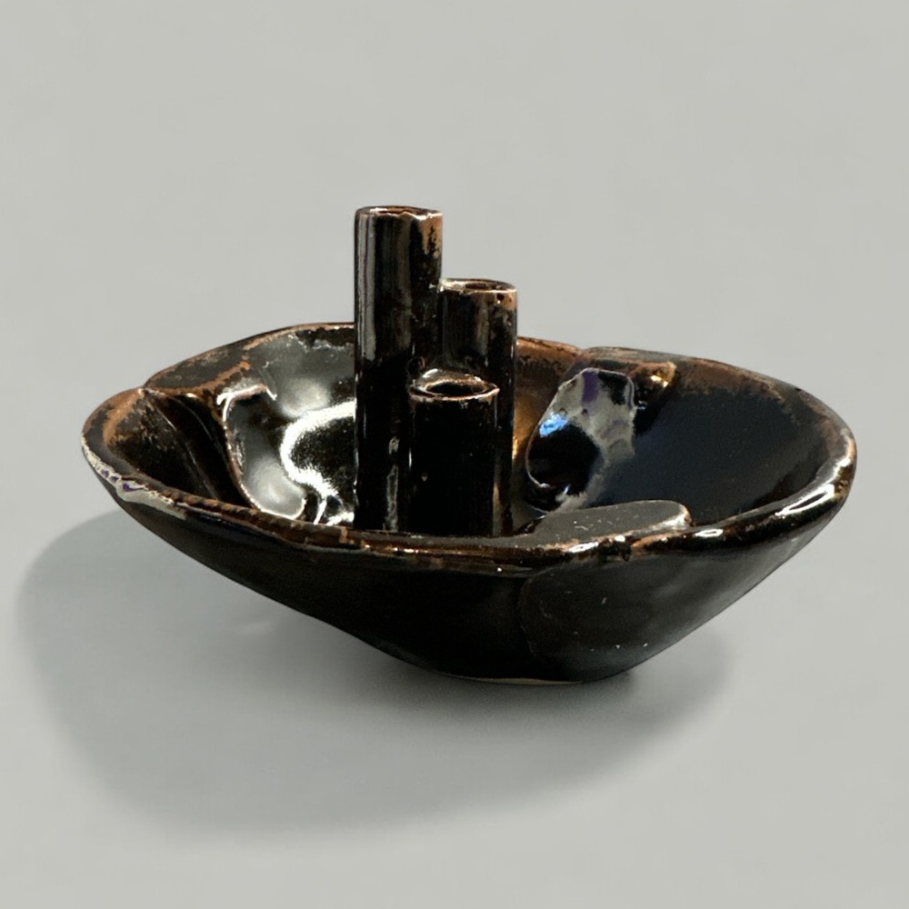 Vintage signed glazed brown ceramic flower frog